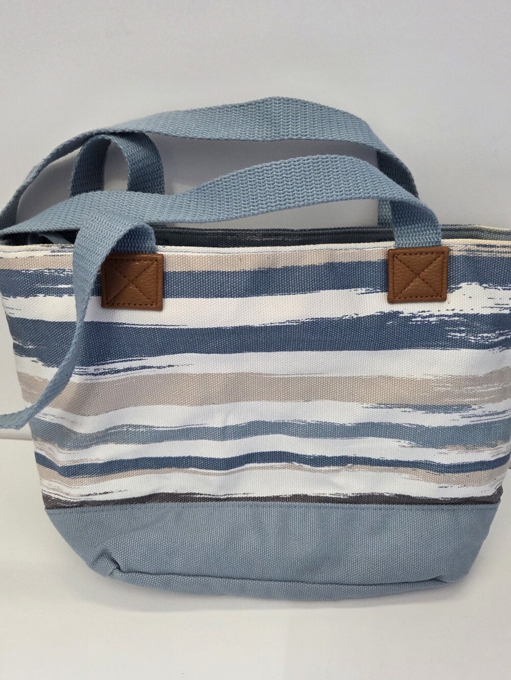 THIRTY-ONE Small Tote Bag Canvas Purse Blue White Double Shoulder Straps - Picture 2 of 14